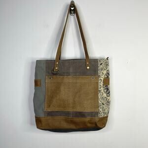 Myra Side Floral Print Canvas Tote Bag Leather Canvas Western Boho Purse Gray